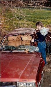 My father as a young man, revisting the wreckage that nearly took his his life.